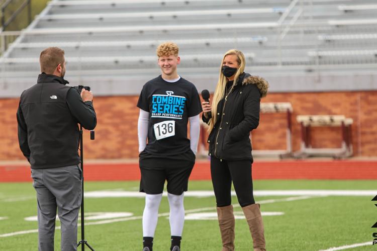 Hutch Trinity athlete Walt Gray - who will play football and attend school at Bishop Carroll this fall - is interviewed by Chet Kuplen and Bethany Bowman of Sports in Kansas at Saturday's Sharp Performance Combine. (Photo by Rayne Schmidtberger)