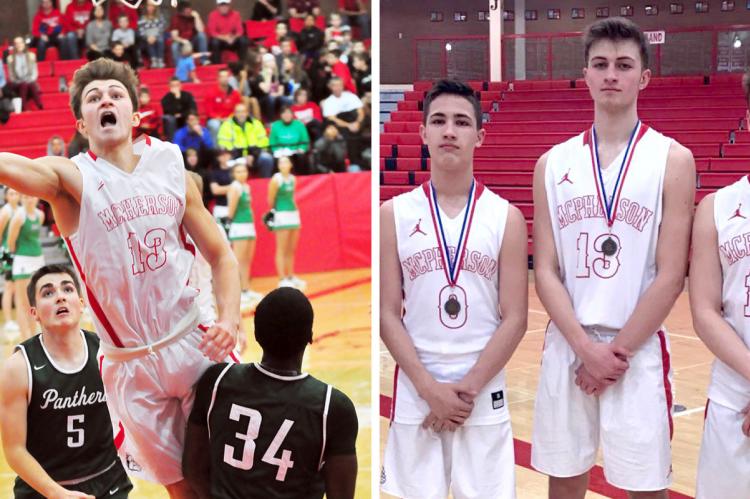 Left: Jake Alexander is the leading scorer for the McPherson Bullpups. (Photo courtesy Cindy Cinnamon) Right: Max Alexander on the left, Jake Alexander in the middle, Mason Alexander on the right. (Photo courtesy Todd Alexander)