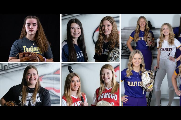 Pictured, clockwise from top left: Topeka's Adisyn Caryl, Galena's Mia Sarwinski and Blayze McNemar, Valley Center's Tori Turner, Lindsey Hooper, and Maci George, Wamego's Maya Gallagher and Ashten Pierson, and Washburn Rural's Emmerson Cope. (Photos by Joey Bahr)