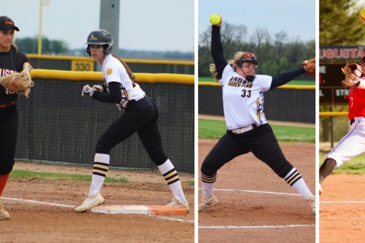 L-R: Augusta's Allie Ebenkamp and Andale/Garden Plain's Macie Eck wait for the pitch in Monday's doubleheader. (Photo by Jaysa Anderson); Andale/GP's Rachel Choate prepares to deliver the pitch in Monday's doubleheader. (Photo by Jaysa Anderson); Augusta's Gracie Johnston is one of the top pitchers in Kansas. (Photo by Lori Streck)