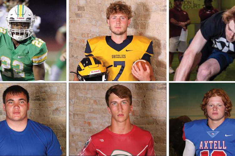 Clockwise from top left: Derby's Tre Washington, Wichita Northwest's Reagan Jones, Andover Central's Ty Herrmann, Axtell's Quinn Buessing, Smith Center's Joel Montgomery and Norton's Dante Smith. (Washington photo by Walter Dixon/Derby Informer, Buessing photo by Everett Royer/KSportsImages.com, all others Kansas Pregame file photos.)