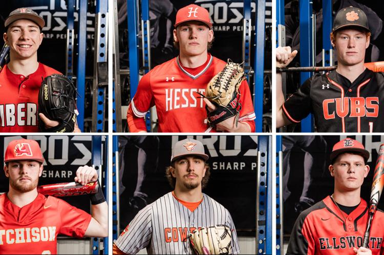 Clockwise from top left: Liberal's J. Brooks Kappelmann, Hesston's Whit Rhodes, Humboldt's Sam Hull, Ellsworth's Lane Rolfs, Abilene's Stocton Timbrook and Atchison's Jeter Purdy were among the Kansas Association of Baseball Coaches 2024 All-State selections. (Photos: Heather Kindall Photography)