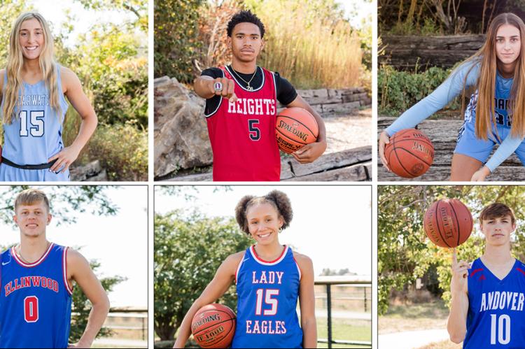 Clockwise from top left: Clearwater's Carli Calrson, Wichita Heights' Marcus Zeigler, Cimarron's McKayla Miller, Andover's Eli Shetlar, Hugoton's Summya Adigun, and Ellinwood's Britton Dutton were among the players selected for the Kansas Basketball Coaches Association's annual All-Star Game scheduled for June 24th at Kansas Wesleyan University in Salina. (Photos: Heather Kindall Photography)