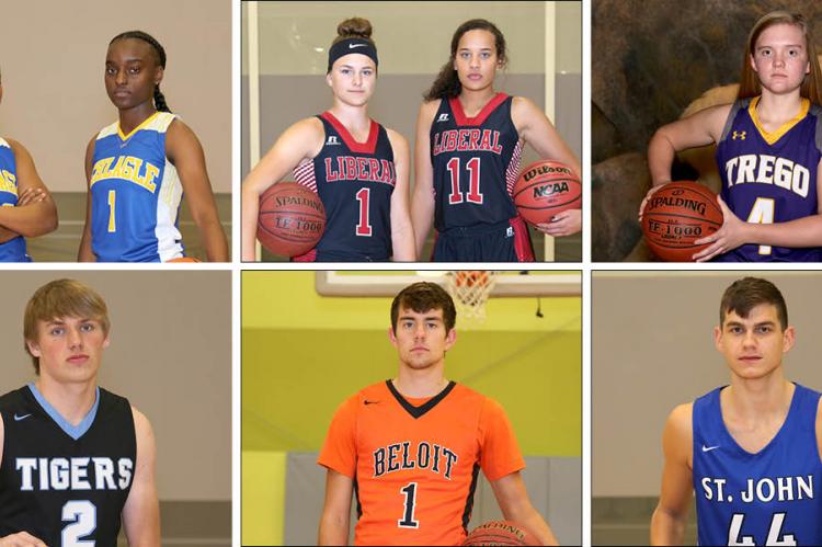Clockwise from top left: Schlagle's Ishante Suttington and Camille Evans, Liberal's Katie Horyna and Machia Mullens, Trego's Lili Shubert, St. John's Tanner Halling, Beloit's Vincent Palen and Eisenhower's Jordan Vincent. (Photos by Everett Royer, KSportsImages.com)