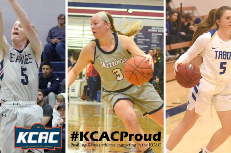 Pictured, left-to-right: Oklahoma Weselyan's Kazden Ammons, Sterling's Kylah Comley and Tabor's Terran Hoyt. (Photos courtesy Dr. Mike Fullingham/Oklahoma Wesleyan University Athletics, Jacob Macek/Sterling College Athletics, Tabor College Athletics)
