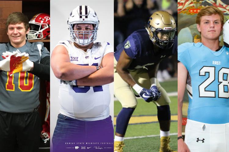 Pictured, from left-to-right: Chaparral coverboy Jake Burke accepted a scholarship from Pittsburg State. (Courtesy Photo)  "Weighting Game" feature subject Myles Livingston from Emporia will accept a Preferred Walk-On offer from K-State. (Courtesy Photo)  "Recruiting Kansas" feature subject Jayden Russell from Aquinas accepted a scholarship from the University of Kansas. (Photo by Susan Goodwin)  "Specialists" feature subject Parker Willis of SM East will accept a PWO from Missouri. (Photo by Joey Bahr)