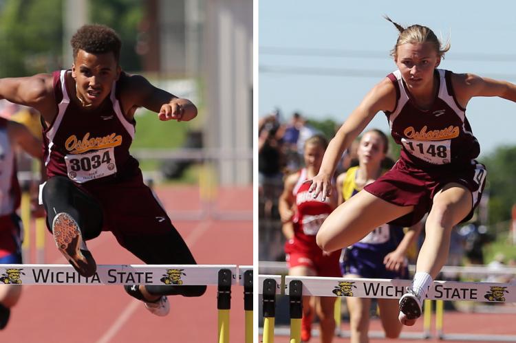 Darrien Holloway and Afftin Conway from Osborne are two of the state's top hurdlers. (Photos by Everett Royer, KSportsImages.com)