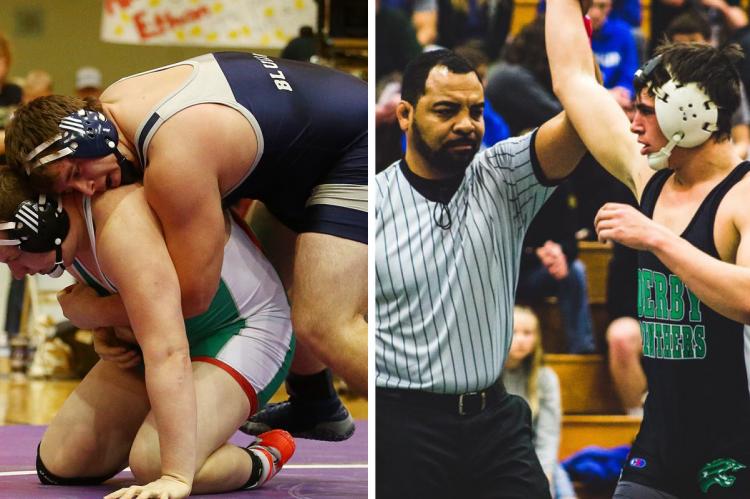 Left: Defending heavyweight champion Elliott Strahm from Sabetha remains atop the 3-2-1A rankings at 285. (Photo by Everett Royer, KSportsImages.com) Right: Derby's Cade Lindsey is the top-ranked wrestler at 170 pounds in 6A. (Photo by Tanner Hopkins, @HopkinsTanner8)