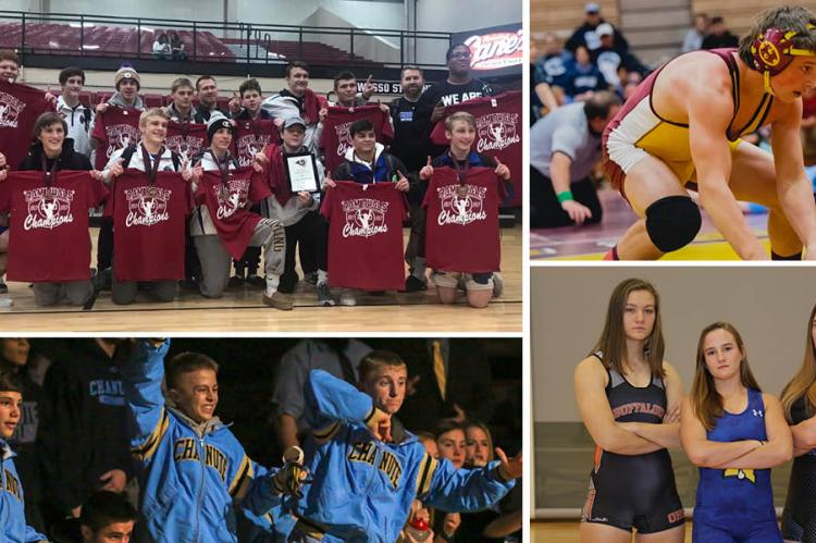 Pictured, clockwise from top left: Goddard, Hillsboro's Jordan Bachman, Junction City's Elisa Robinson, Nickerson's Nichole Moore, Onaga's Morgan Mayginnes, Chanute's Kedric Emling, Trent Clements and Kolton Misener. (Photos courtesy Jammie Atkins, Hillsboro Wrestling, Everett Royer and Sophie Osborn)
