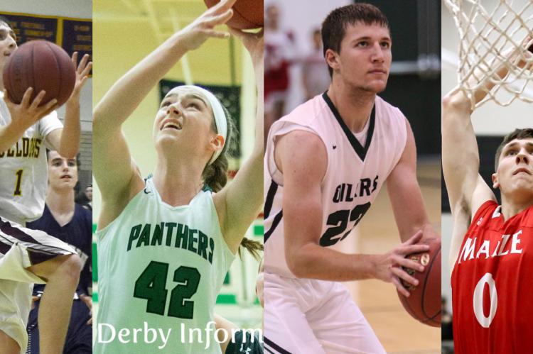 From left-to-right: Osborne's Steele Wolters scored 15 points as the Bulldogs survived Lebo 44-41; Kennedy Brown had 10 points, 10 boards and 4 blocks in just 17 minutes of play as Derby dominated SM NW 60-27; Central Plains' Brett Liebl scored 20 points in the Oilers' 55-30 win over Macksville; and Maize senior Caleb Grill put up 23 points with multiple dunks as the Eagles downed St. James 83-56. (Photo credit, left-to-right: Stephanie Baxa, Osborne County Farmer; Derby Informer; Joey Bahr; Dan Loving) 