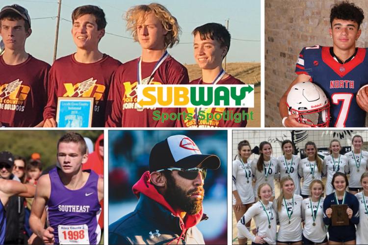 Clockwise from top left: Osborne Cross Country (Photo: Robin Bales); Olathe North's Arland Bruce IV (File Photo); St. Thomas Aquinas Volleyball (Courtesy Photo); Wamego coach Weston Moody (Photo: Chandler Mixon); Caleb Eilert and Dylan Sprecker (Photo: Jessica Sprecker)