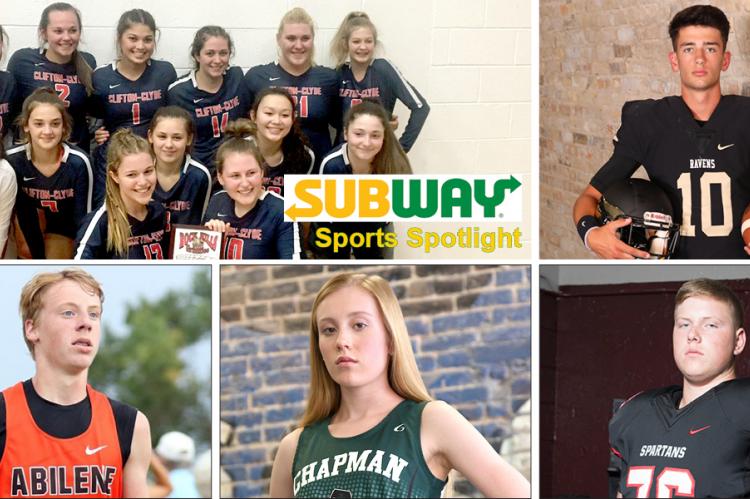 Clockwise from top left: Clifton-Clyde volleyball (Courtesy Photo); Jack Caudle (Photo by Bree McReynolds-Baetz); Hayden Pauls (File Photo); Taylor Briggs (File photo by Everett Royer); Grant Waite (Photo by Huey Counts)