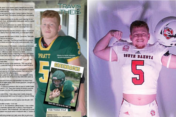 Pratt running back Travis Theis plans to play football at the University of South Dakota this fall. (Theis photo in South Dakota uniform provided courtesy of Theis from his Twitter account)