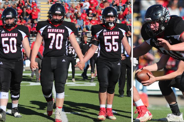 Pictured, left to right: Little River seniors Kaden Schafer, Kyle Bruce and Carter Holloway. Right: Bruce fires off the line in Little River's title game matchup with Meade. (Photos by Everett Royer, KSportsImages.com)