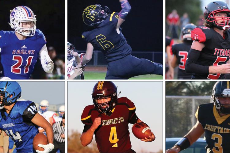 Pictured, clockwise from top left: Canton-Galva's Tyson Struber, Madison's Drew Stutesman, Attica/Argonia's Xander Newberry, South Barber's Gatlin Jewell, Victoria's Grant Schoenrock and Wheatland-Grinnell's Isaac Mendez are six of Kansas Pregame's Top 16 senior football players. (Photos by Bob Hunter, Gordon Smith, Cheri Ricke, Terri Thrun, Everett Royer and Kay Haffner)