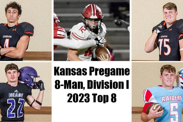 Clockwise from bottom left: Meade's Brock Keith, Lyndon's Tanner Heckel, Hoxie's Jonathan Mader, Lyndon's Kaiden Massey, and Central Burden's Jace Wunderlich are among the 8-Man Division I Top 8 selections for 2023, as voted on by Kansas high school football coaches. (Photos: All photos except Mader are by Heather Kindall; Mader photo by Kinley Rogers, Hoxie High School Journalism)