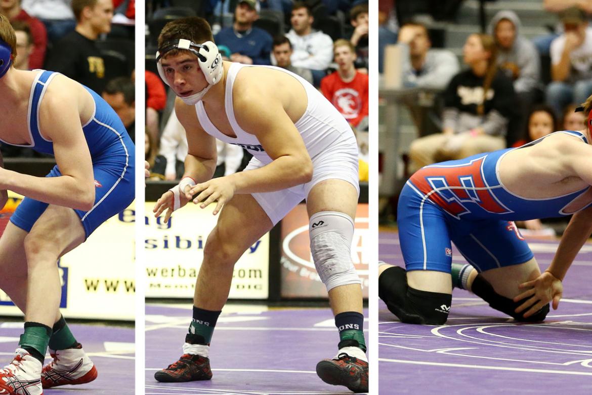 Left-to-right: Eureka senior Kendall Beitz (113), Minneapolis senior Tyson Villalpando (182) and Eureka senior Kolby Beitz (120) are atop their respective classes in the January 29 KWCA rankings. (Photos by Everett Royer, KSportsImages.com)