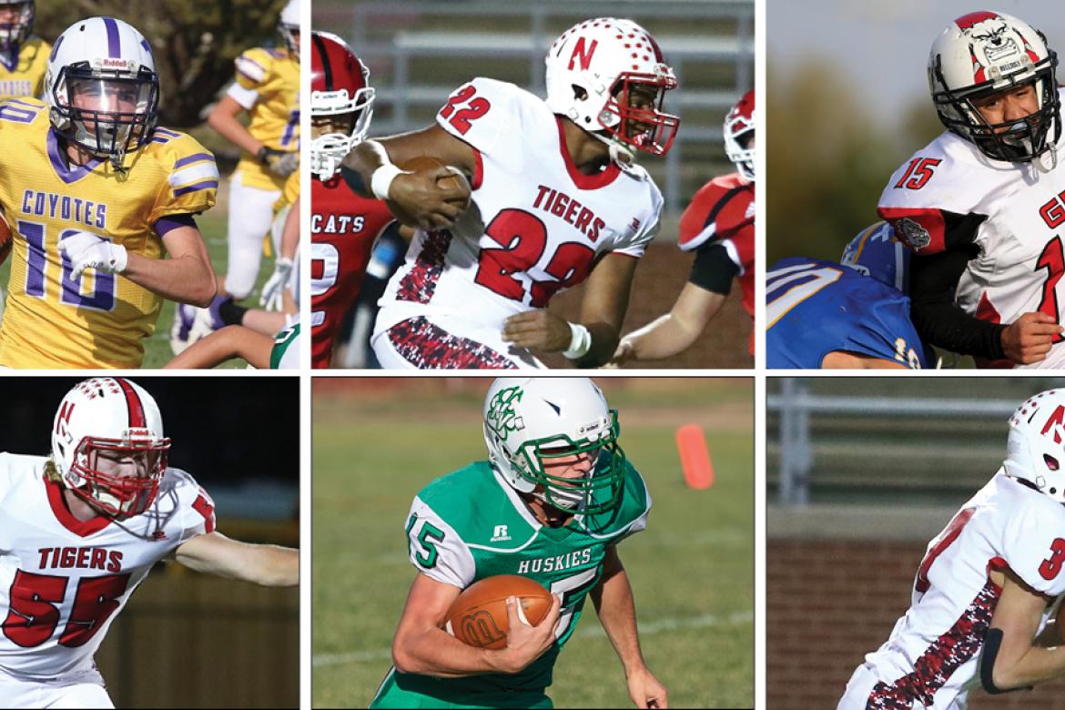 Clockwise from top left: Weskan's Dalton Mackley, Natoma's Kayden Martinez, Golden Plains' Roberto Loya, Natoma's Tracen Frye, Northern Valley's Bailey Sides and Natoma's Derek George. (All photos by Everett Royer, KSportsImages.com except Mackley and Sides, by Linsey Bussen and Fig Millan respectively.)