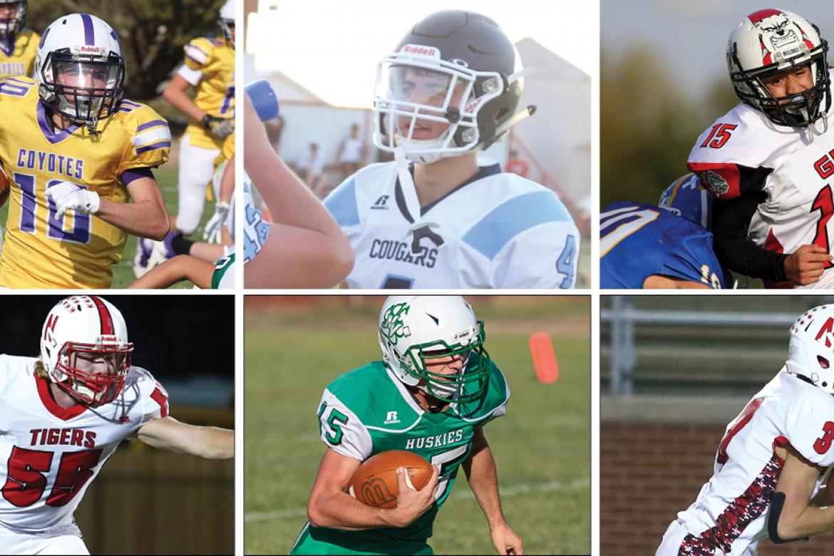 Clockwise from top left: Weskan's Dalton Mackley, Cheylin's Dylan Ketzner, Golden Plains' Roberto Loya, Natoma's Tracen Frye, Northern Valley's Bailey Sides and Natoma's Derek George are just few of this year's 6-Man All-Stars. (All photos by Everett Royer, KSportsImages.com except Ketzner, Mackley and Sides, by Darci Schields, Linsey Bussen and Fig Millan respectively.)