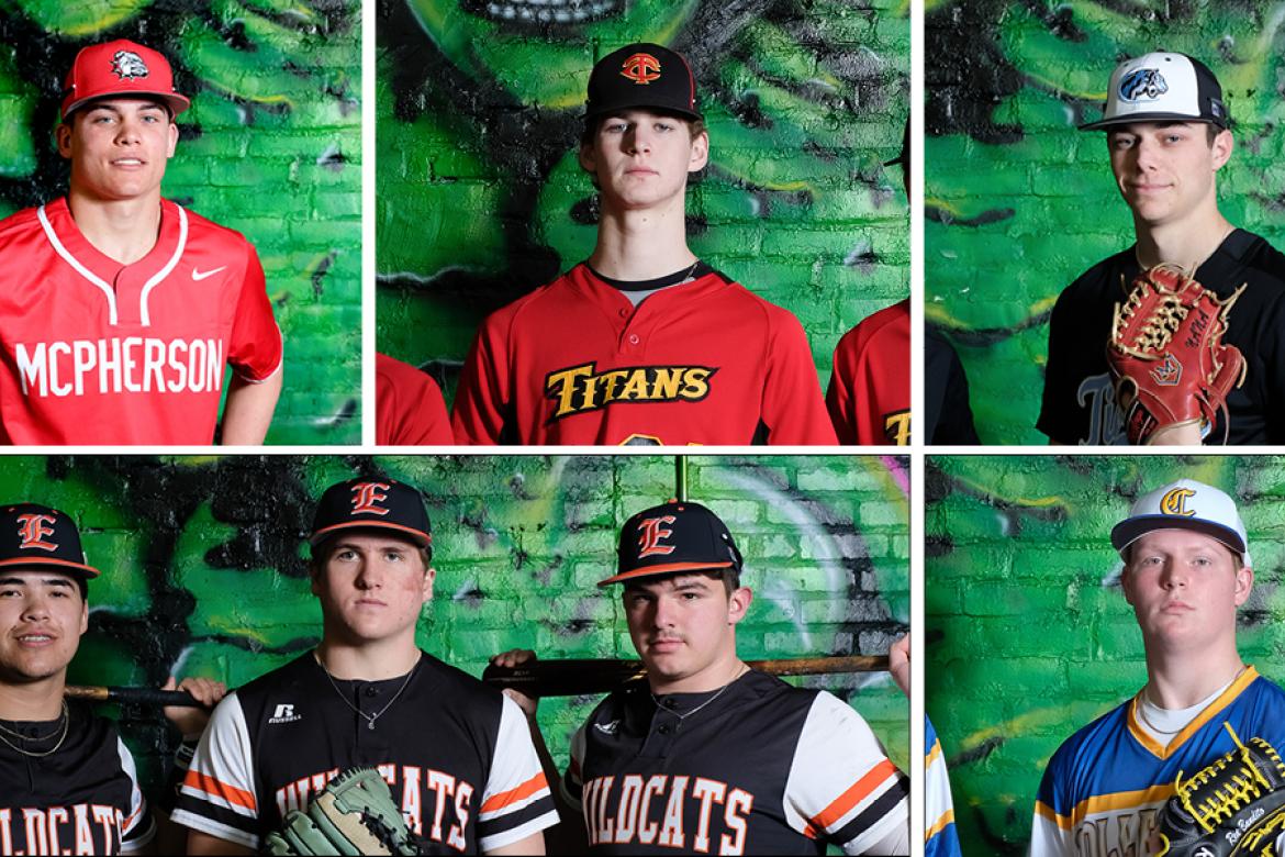 Pictured, clockwise from top left: McPherson's Hunter Alvord, Columbus' Seth Stover, Eisenhower's Tyner Horn, Collegiate's Hayden Malaise, and Elkhart's Austin Rich, Kage Ralstin, and Cesar Gomez were among the first team All-State selections by the Kansas Association of Baseball Coaches. (Photos: Joey Bahr, For Kansas Pregame)