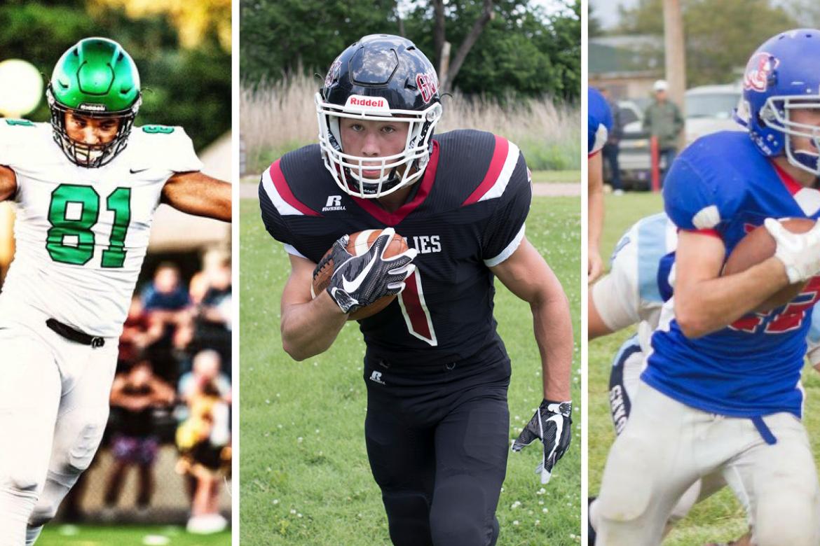 From left to right: Derby's Isaac Keener (Kansas Shrine Bowl), Rock Hills' Zane Colson (8-Man All-Star Game), and Pawnee Heights' Kade Scott (6-Man All-Star Game) are just three of the players who will participate in the three different All-Star football games scheduled Saturday. (Photos by Jared Weinman, Derek Livingston, and Kellan Shafer)