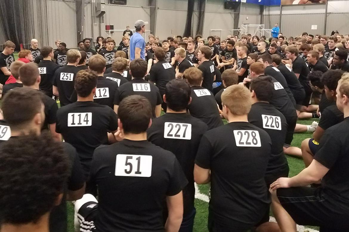 Jake Sharp addresses the athletes prior to the 2018 testing combine. (File Photo)