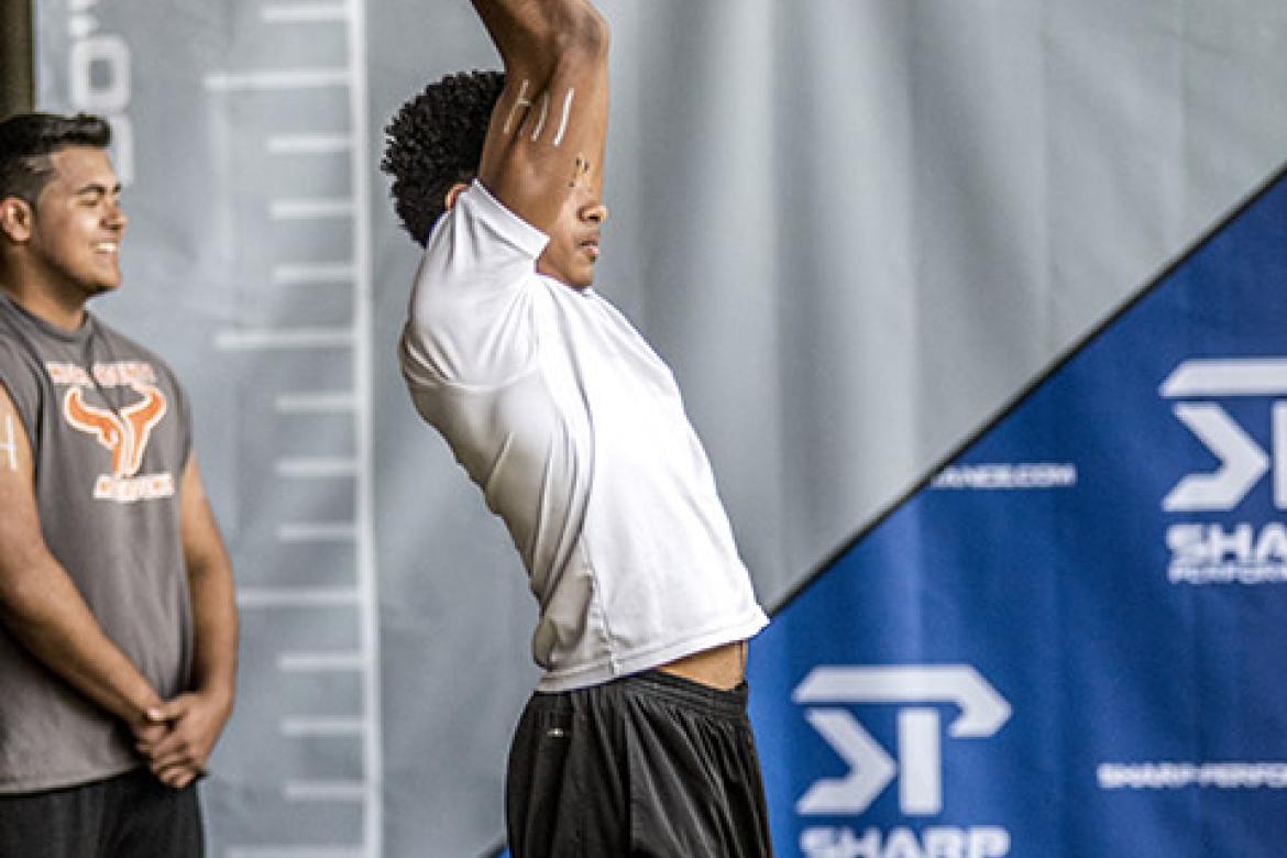 An athlete prepares to do the vertical jump at a recent Sharp Performance Combine. Sharp Performance CEO Jake Sharp recently announced the combine has a new title sponsor, Salina Regional Orthopedic and Sports Medicine Clinic. The free event is scheduled for April 13th at the Salina Fieldhouse. Find more information online at www.sharp-performance.com. (File Photo)