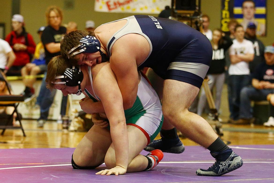Elliott Strahm won a regional championship and continues his quest for a second consecutive 285 pound state title. (Photo by Everett Royer, KSportsImages.com)