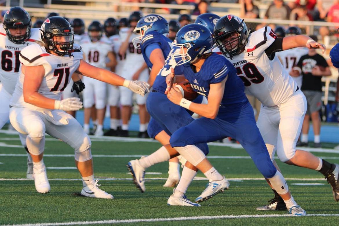 Emporia's defensive line, led by Riley Wagner (#71), will get a tough test in this week's game with Legend (Co.) which will be played Saturday in Scott City. (Photo by Shari Beatty)