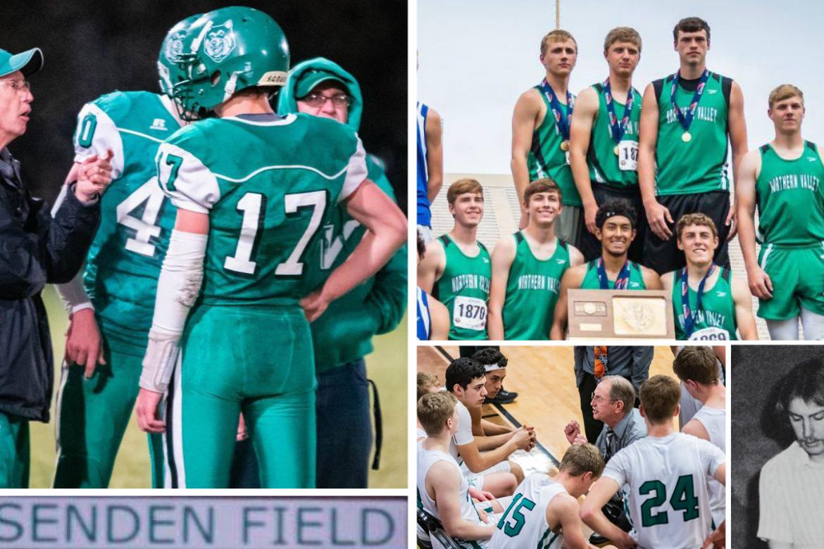 Chuck Fessenden retired this spring after nearly 45 years coaching football, basketball and track &amp; field. (Current photos by Fig Millan; Bottom right photo of Chuck in his early days as a teacher at Northern Valley courtesy Amy McKinney via a Northern Valley yearbook)