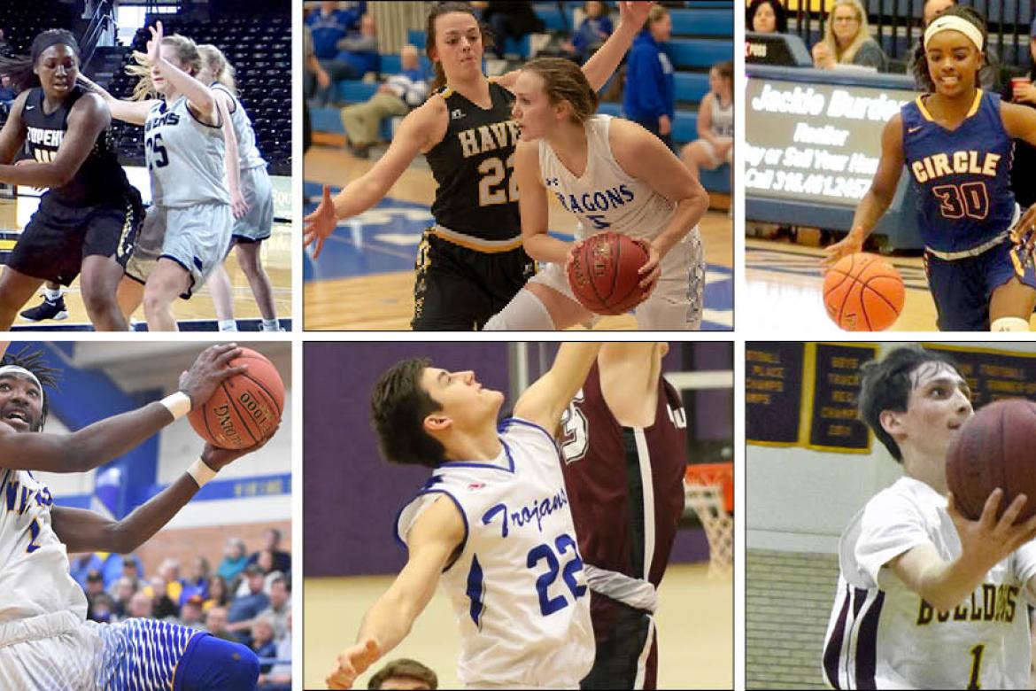 Clockwise from top left: Topeka's NiJaree Canady, Haven's Faith Paramore and Halstead's Karenna Gerber, Circle's Kimalee Cook, Osborne's Steele Wolters, Andover's Harper Jonas, Parsons' DaQuan Johnson. (Photos Credits: Canady - Craig Streever; Paramore/Gerber - Kristy Ehart; Cook - CHS Yearbook; Wolters - Stephanie Baxa, Osborne County Farmer; Jonas - Huey Counts;  Johnson - Sean Frye, Parson Sun)