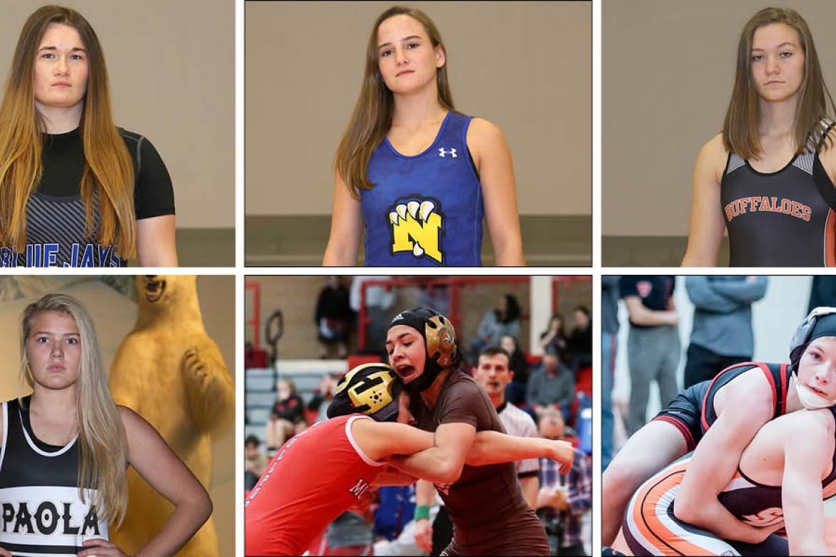 Pictured, clockwise from top left: Junction City's Elisa Robinson, Nickerson's Nichole Moore, Onaga's Morgan Mayginnes, Marysville's Elise Rose, Garden City's Angelina Serrano and Paola's Jordyn Knecht. (Photos by Everett Royer)