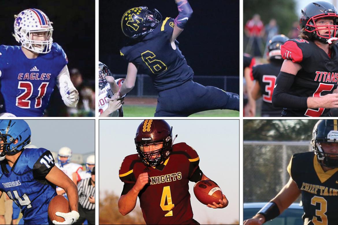 Pictured, clockwise from top left: Canton-Galva's Tyson Struber, Madison's Drew Stutesman, Attica/Argonia's Xander Newberry, South Barber's Gatlin Jewell, Victoria's Grant Schoenrock and Wheatland-Grinnell's Isaac Mendez are six of Kansas Pregame's Top 16 senior football players. (Photos by Bob Hunter, Gordon Smith, Cheri Ricke, Terri Thrun, Everett Royer and Kay Haffner)
