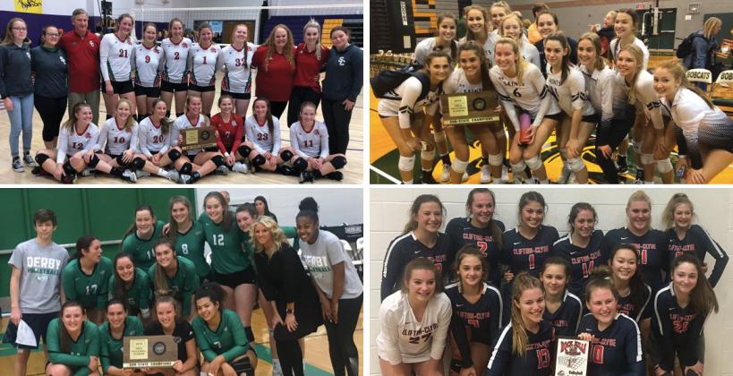 Clockwise from top left: Smith Center (Photo: Lady Red Volleyball); St. Thomas Aquinas (Photo: Saints Volleyball); Clifton-Clyde (Photo: Lady Eagles); Derby (Photo: Brett Flory)