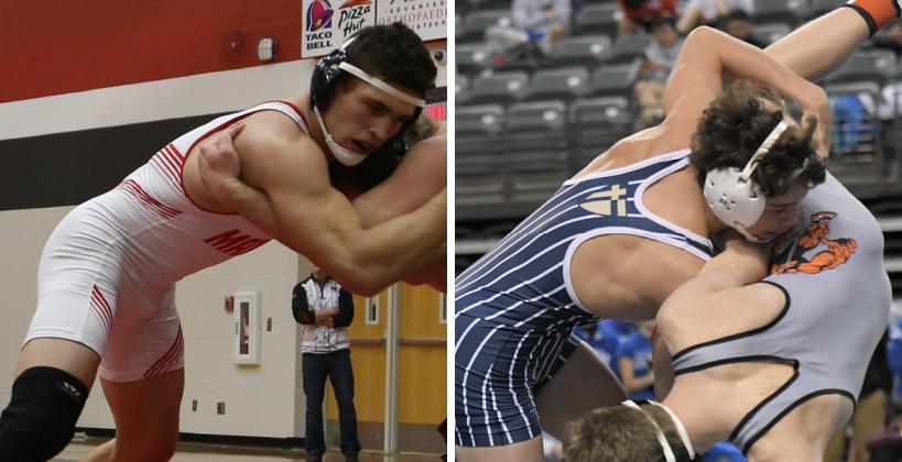 Left: Maize junior Kyle Haas is among the top-ranked wrestlers in the country. (Photo by Dan Loving); Right: Aquinas junior Jared Simma enters the season ranked number one at 160. (Photo by Lindsay Habben)