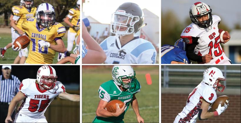 Clockwise from top left: Weskan's Dalton Mackley, Cheylin's Dylan Ketzner, Golden Plains' Roberto Loya, Natoma's Tracen Frye, Northern Valley's Bailey Sides and Natoma's Derek George are just few of this year's 6-Man All-Stars. (All photos by Everett Royer, KSportsImages.com except Ketzner, Mackley and Sides, by Darci Schields, Linsey Bussen and Fig Millan respectively.) 