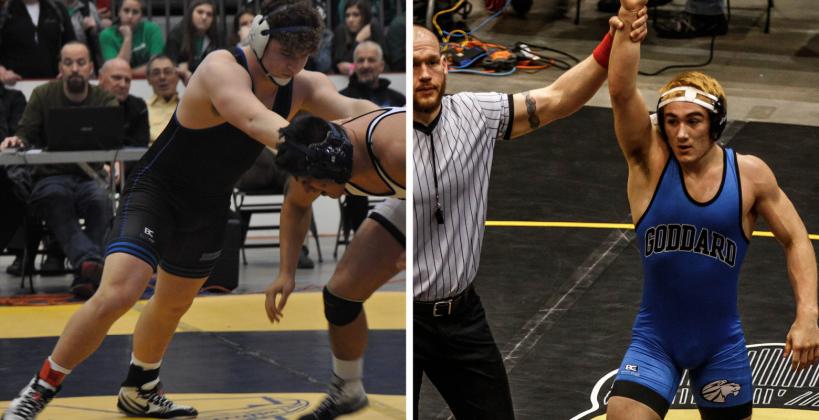 Left: Washburn Rural junior Gavin Carter is the second-ranked wrestler in 6A's 182 pound class. (Courtesy Photo) Right: Goddard senior Troy Fisher is the top-ranked wrestler in 5A's 170 pound class. (Photo by Wendy Morrow)