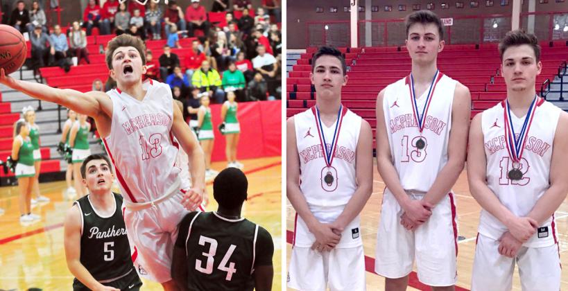 Left: Jake Alexander is the leading scorer for the McPherson Bullpups. (Photo courtesy Cindy Cinnamon) Right: Max Alexander on the left, Jake Alexander in the middle, Mason Alexander on the right. (Photo courtesy Todd Alexander)