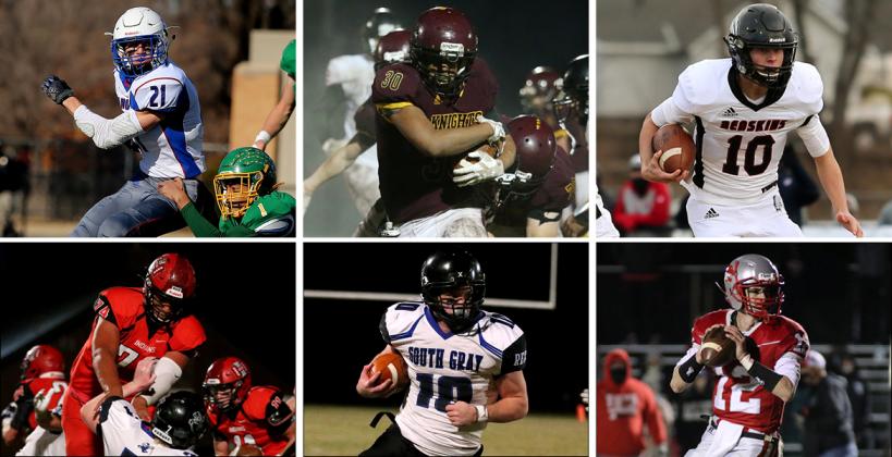 Clockwise from top left: Colin Jueneman (Hanover), Jayvon Pruitt (Victoria), Jayden Garrison (Little River), Gavin Cornelison (Frankfort), Aaron Skidmore (South Gray) and Harlon Obioha (Hoxie) are among the 80 players selected to play in Saturday's 8-Man All-Star games in Beloit. (Gavin Cornelison photo courtesy FHS Yearbook, all others by Everett Royer, KSportsImages.com)  --