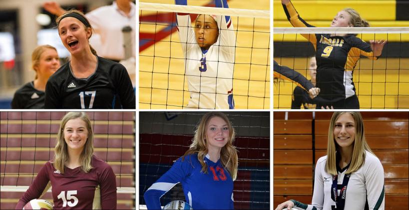 Pictured, clockwise from top left: Washburn Rural's Brooklyn DeLeye, Seaman's Camryn Turner, Andale's Katelyn Fairchild, Central Plains' Kassidy Nixon, Wabaunsee's Lauren Schutter and Silver Lake's Ellington Hogle. (Photo credit, clockwise from top left: Aiden Droge, Topeka Capital-Journal, Lance Reid, Justin Olson, Courtesy Photo, Eagle Eye Photography)