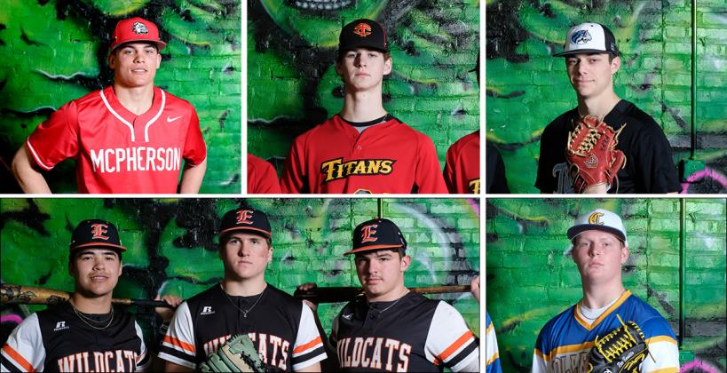 Pictured, clockwise from top left: McPherson's Hunter Alvord, Columbus' Seth Stover, Eisenhower's Tyner Horn, Collegiate's Hayden Malaise, and Elkhart's Austin Rich, Kage Ralstin, and Cesar Gomez were among the first team All-State selections by the Kansas Association of Baseball Coaches. (Photos: Joey Bahr, For Kansas Pregame)
