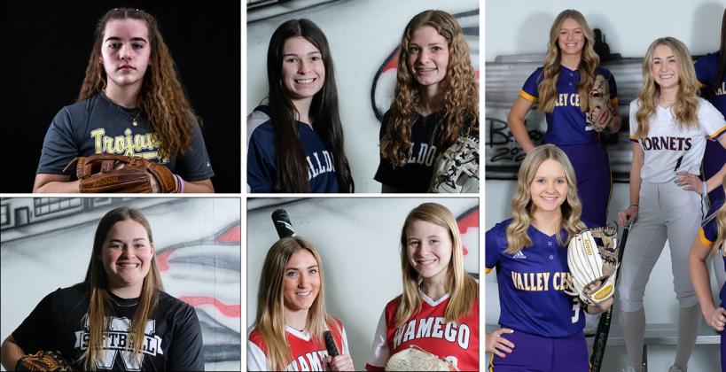 Pictured, clockwise from top left: Topeka's Adisyn Caryl, Galena's Mia Sarwinski and Blayze McNemar, Valley Center's Tori Turner, Lindsey Hooper, and Maci George, Wamego's Maya Gallagher and Ashten Pierson, and Washburn Rural's Emmerson Cope. (Photos by Joey Bahr)