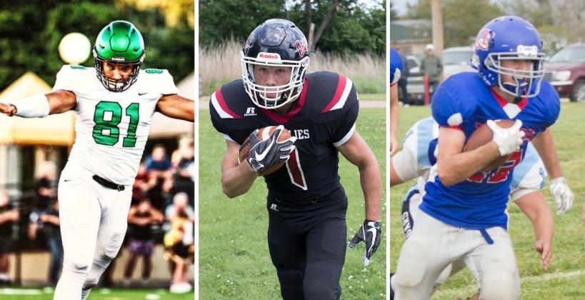 From left to right: Derby's Isaac Keener (Kansas Shrine Bowl), Rock Hills' Zane Colson (8-Man All-Star Game), and Pawnee Heights' Kade Scott (6-Man All-Star Game) are just three of the players who will participate in the three different All-Star football games scheduled Saturday. (Photos by Jared Weinman, Derek Livingston, and Kellan Shafer)