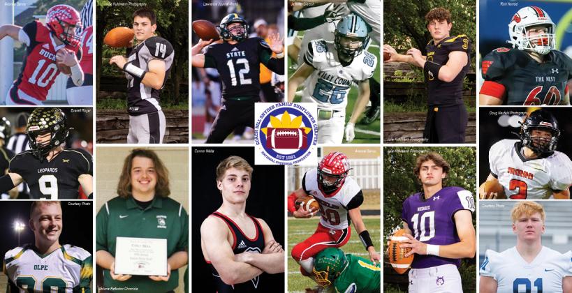 Clockwise from top left: Bucklin's Nathaniel Bowman, Lakeside's Kylan Cunningham, Lawrence Free State's Jett Dineen, Riley County's Trey Harmison, Madison's Casey Helm, Maize's Brandon Kerr, Inman's Kyler Konrade, Mill Valley's Cody Moore, Blue Valley Northwest's Mikey Pauley, Bucklin's Scott Price, Kingman's Colby Schreiner, Chapman's Colt Sell, Olpe's Ted Skalsky and La Crosse's Colby Stull.