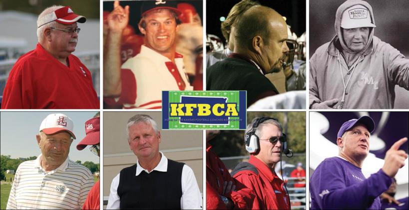Top row, left-to-right: Roger Barta, Gary Cornelsen, Marvin Diener and Ed Kriwiel. Bottom row: Dick Purdy, Chuck Smith, Tom Young and K-State coach Chris Klieman. (Photos: Barta, Diener, Smith, Young, Kansas Pregame file photos; Cornelsen, Kriwiel, KSHSAA/"Under The Lights"; Klieman courtesy K-State Athletics.)