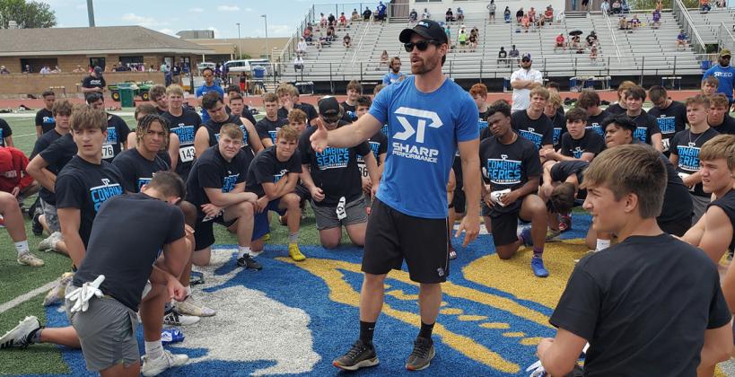 Sharp Performance CEO Jake Sharp addresses the athletes after Saturday's SP Showcase in Wichita. The second event in the 2021 Combine Series, the Showcase put the spotlight on many of the state's top players with testing, position specific drill work and competitive one-on-ones. More information about the SP Top Prospect and Last Chance events is coming soon. (Photo by John Baetz, Kansas Pregame)