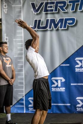 An athlete prepares to do the vertical jump at a recent Sharp Performance Combine. Sharp Performance CEO Jake Sharp recently announced the combine has a new title sponsor, Salina Regional Orthopedic and Sports Medicine Clinic. The free event is scheduled for April 13th at the Salina Fieldhouse. Find more information online at www.sharp-performance.com. (File Photo)