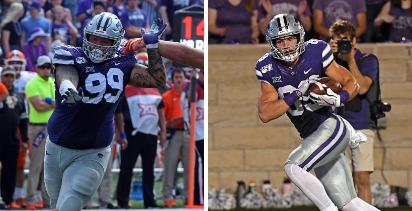 Horton's Trey Dishon (#99) and Blue Valley Northwest's Dalton Schone (#83) are just to K-State seniors who played their high school football in Kansas. (Photos courtesy K-State Athletics)