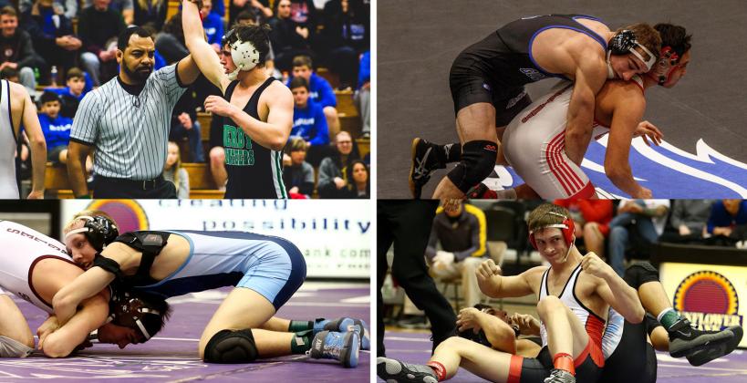 Top left: Derby's Cade Lindsey is the top-ranked wrestler in 6A's 170 pound class. (Photo by Tanner Hopkins) Top right: Goddard's Troy Fisher is the top-ranked wrestler in 5A's 170 pound class. (Photo by Wendy Morrow) Bottom left: Scott City's Justus McDaniel is the top-ranked wrestler in 4A's 132 pound class. (Photo by Everett Royer, KSportsImages.com) Bottom right: Hoxie's Dayton Porsch is the top-ranked wrestler in 3-2-1A's 160 pound class. (Photo by Everett Royer, KSportsImages.com)