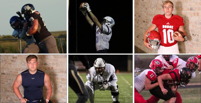 Clockwise from top left: Northern Heights' Tee Preisner (Photo by John Pringle); Southeast's Reece Jacobs (Photo by Jaymee Cummins); Dodge City's Beau Foster (File Photo); Sedgwick's Nathan Lacey (#11) and Gannon Resnik (#56) (Photo by Kelley DeGraffenreid); Garden City's Refujio Chairez (Photo by Adam Shrimplin); Cimarron's Hunter Renick (File Photo)